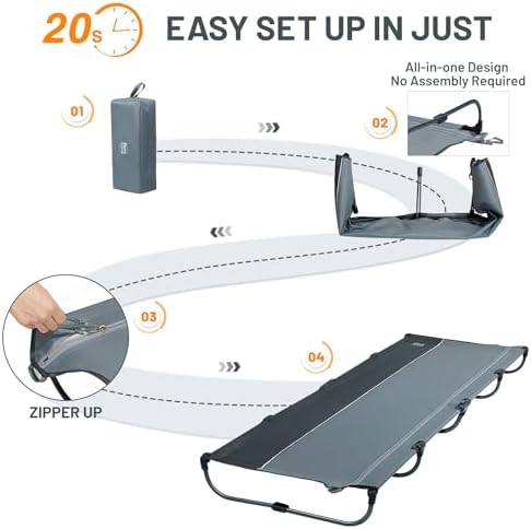 TIMBER RIDGE 20-Second Quick Set-Up Camping Cot, Lightweight Aluminum Folding Cot with Zipper Closure, Portable Carry Bag Included for Camping, Travel and Outdoors, Support up to 225lbs, Grey 2pcs - Image 3