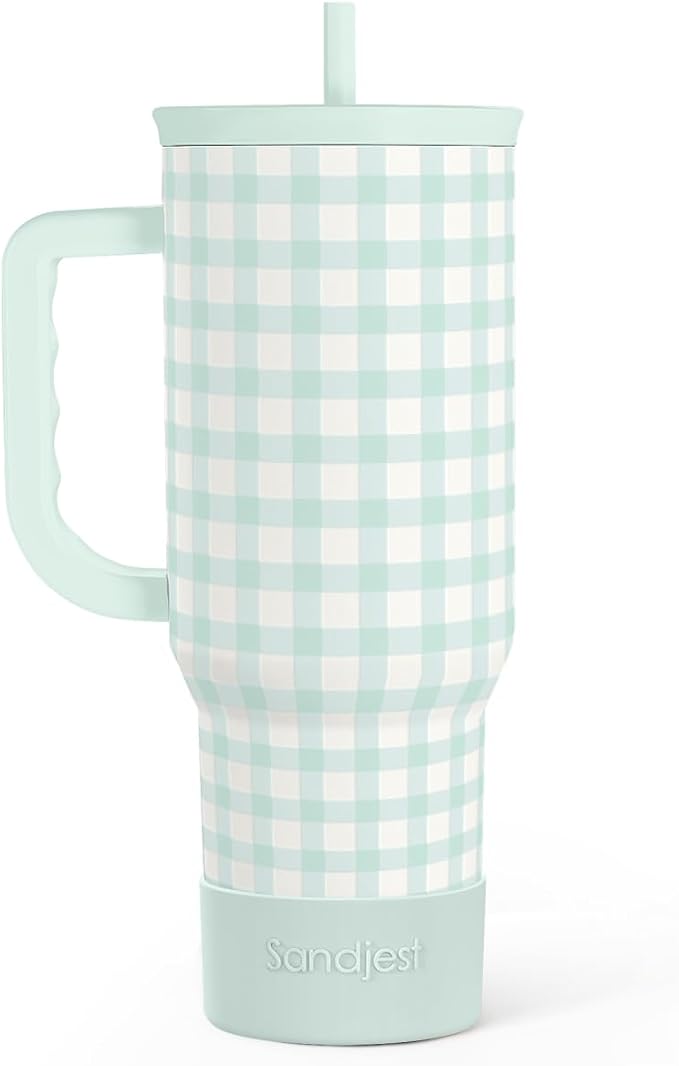 SANDJEST Mint Gingham 40oz Slider Tumbler with Handle and Straw - Insulated Stainless Steel Travel Coffee Mug for Women Girls, Gift for Birthday, Christmas by SANDJEST