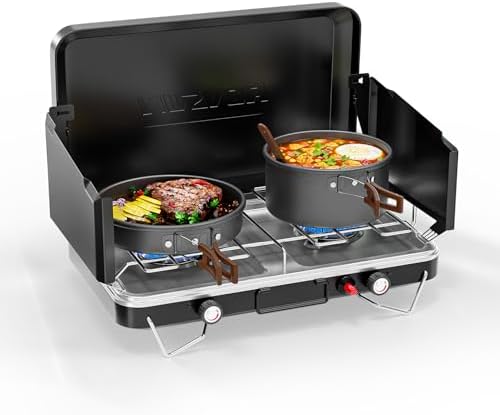 ROVSUN 2 Burner Portable Camping Stove with Igniter, 20000 BTU Propane Camp Stove with Adapter, Built-in Handle & Foldable Wind Panel for Outdoor Camping, Tailgating, Grilling by ROVSUN