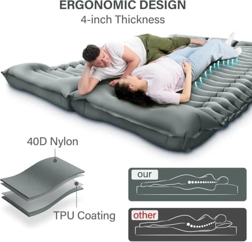 Yuzonc Double Camping Sleeping Pad – 4" Ultra-Thick Foot-Pump Design, Lightweight 2-Person Inflatable Sleeping Mat with Pillow for Backpacking, Hiking, Travel, Tent – Gray - Image 4