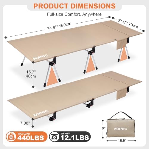 Height Adjustable Camping Cot, 350lbs Heavy-Duty Aluminum Frame, Khaki - Image 2