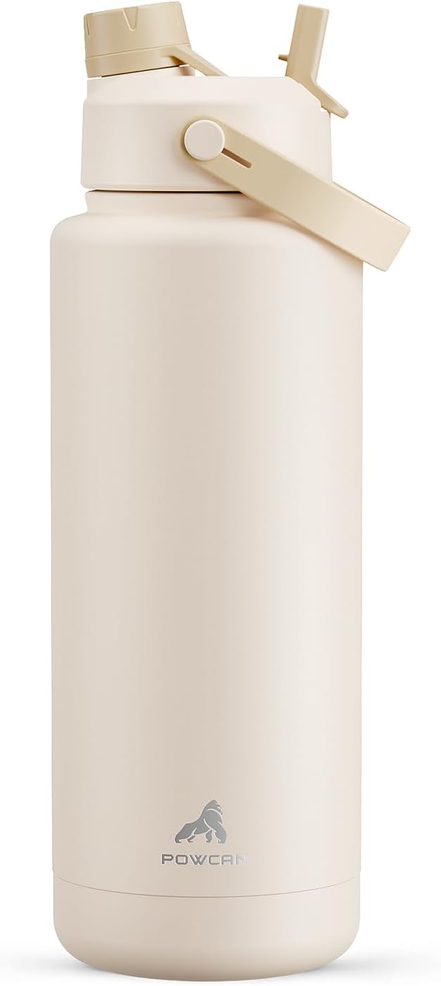 POWCAN 40 oz Insulated Water Bottle with 2-in-1 Straw and Spout Lid, Keep Cold 24H, Leak-Proof, BPA-Free, Double Wall Stainless Steel Water Bottle for Sports, Gym, Travel, and School (Mousse) by POWCAN