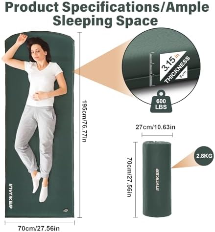 INVOKER Camping Sleeping Pad, Self-Inflating, 75 x 24 x 3.15 in, Green - Image 3