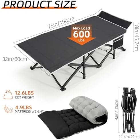 Fragess Portable Camping Cot, 32" Extra Wide Camping Cots for Adults with Thick Mattress, Heavy Duty Sleeping Cot Holds Up to 600LBS, Cots for Sleeping, Rv, Beach, Patio, Office Naps(Black) - Image 6