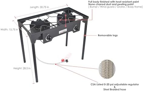 COOKAMP High Pressure Double Propane Burner Outdoor Camping Stove with 0-20 PSI Adjustable Regulator and Steel Braided Hose (Two Burner Stove) - Image 5
