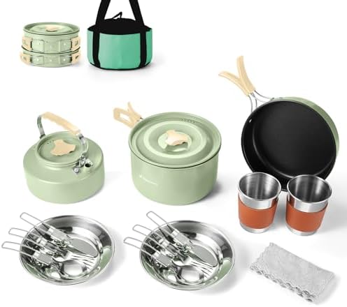 Odoland 15pcs Camping Cookware Mess Kit, Lightweight Pot Pan Kettle Set by Odoland