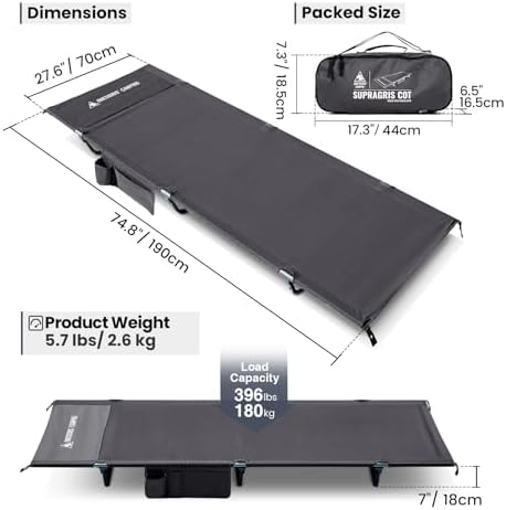 ONETIGRIS SUPRAGRIS Camping Cot, Support Up to 400lbs, Lightweight Comfortable Folding Bed for Camping, Hiking, Backpacking, Travel, Car Trips, Office Nap (Gray) - Image 6