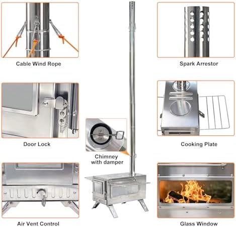 unho Outdoor Wood Burning Stove for Camping, Stainless Steel Chimney Pipe - Image 4