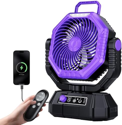 AJVV Camping Fan with Light, Remote and Oscillation, Battery Powered Hanging Tent Fan, Rechargeable Portable for Camp, Outdoor, Emergencies, Fishing, RV Travel, Jobsite by AJVV