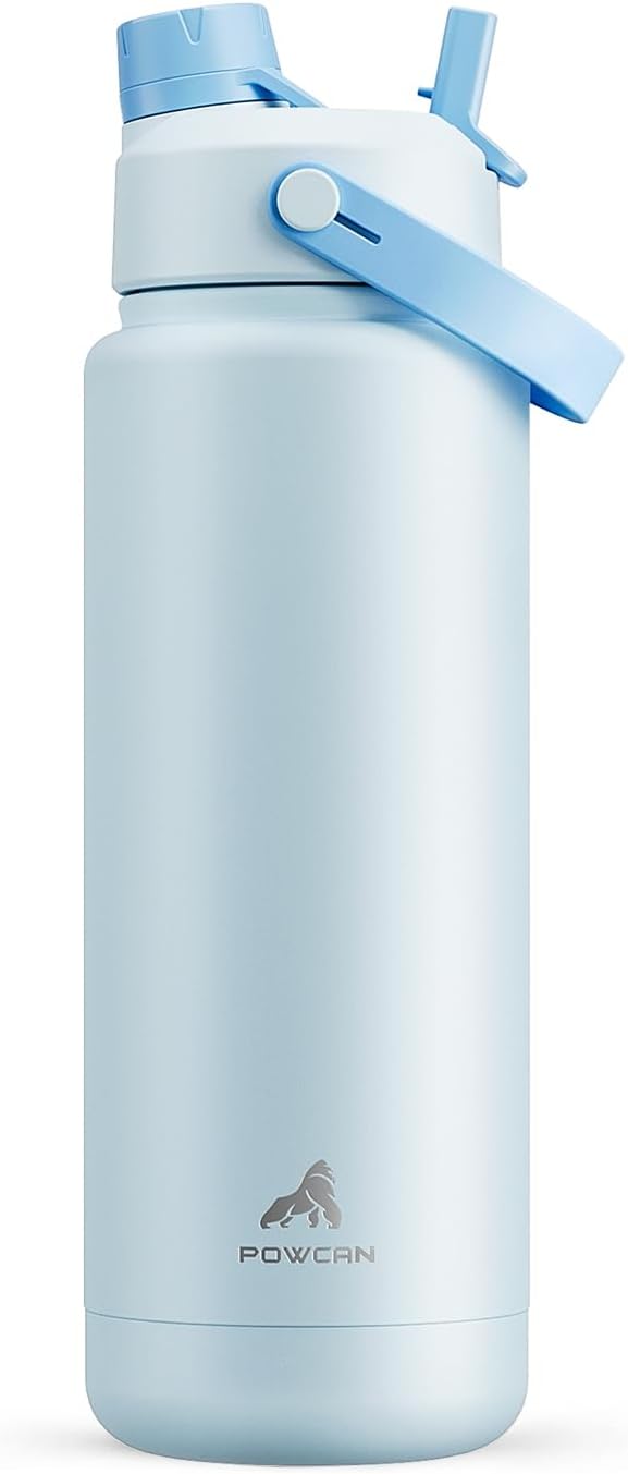 POWCAN 32 oz Insulated Water Bottle with 2-in-1 Straw and Spout Lid, Keep Cold 24H, Leak-Proof, BPA-Free, Double Wall Stainless Steel Water Bottle for Sports, Gym, Travel, and School (Sea Breeze) by POWCAN