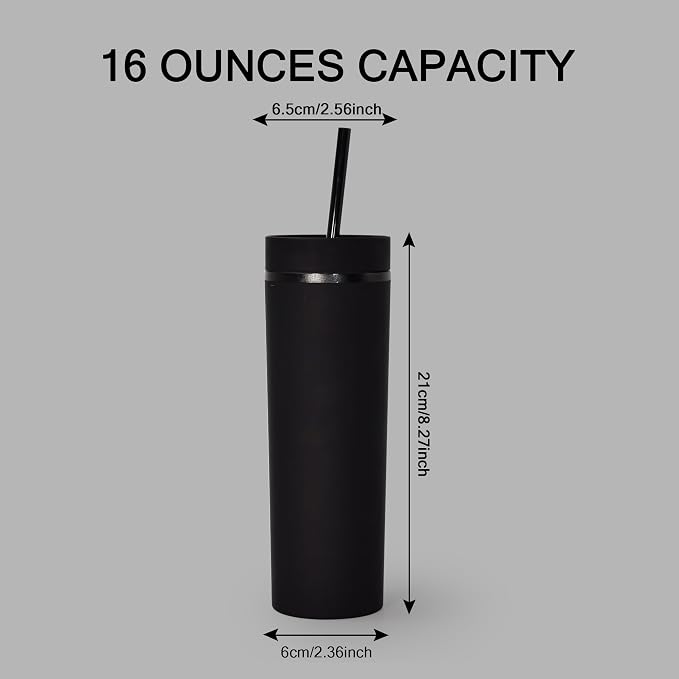 sweet grain Skinny Tumblers with Lids and Straws(6 Pack) - 16oz Matte Pastel Colored Skinny Acrylic Tumblers, Double Wall Plastic Tall Skinny Tumblers Bulk for Cold Hot Drinks - Black - Image 6