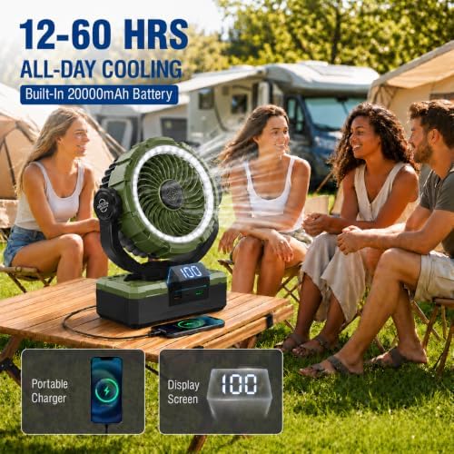 9-Inch Rechargeable Camping Fan 【Auto-Oscillating, Max 60H】20000mAh Portable Battery Powered Operated Fan,Light,Timer,Hook,Outdoor Tent Fans for Patios,Beach,Fishing,Emergency,Camping Gear Essentials - Image 4
