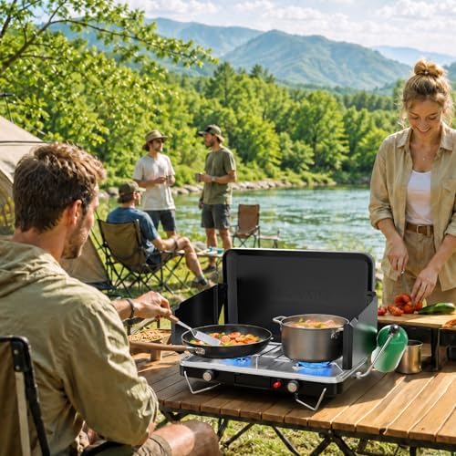 ROVSUN 20000 BTU Propane Camping Stove with Igniter, 2 Burner Portable Camp Stove with Adapter, Built-in Handle & Foldable Wind Panel for Outdoor Camping, Tailgating, Grilling - Image 7