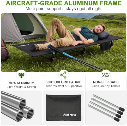 Height Adjustable Camping Cot, 350lbs Heavy-Duty Aluminum Frame, Black - Image 3
