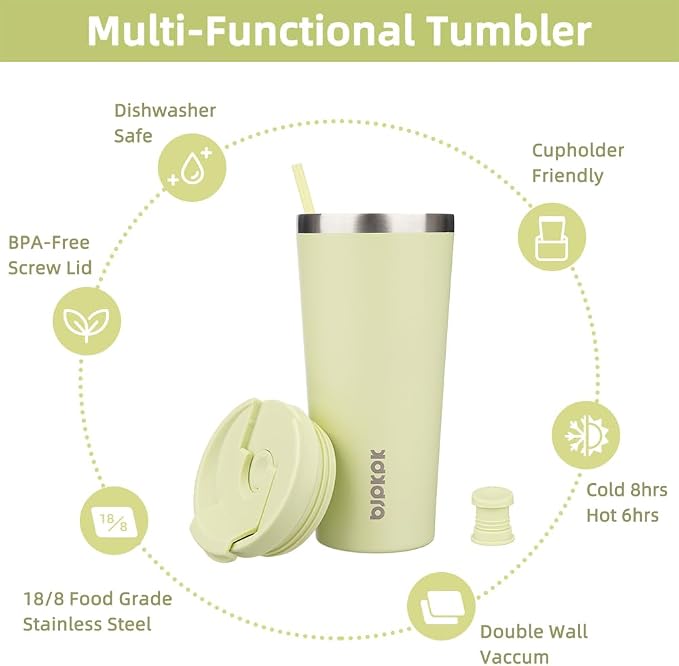 BJPKPK 22oz Insulated Tumbler With lid And Straw Stainless Steel Tumblers Travel Coffee Mug Reusable Thermal Cup,Macaron Green - Image 3