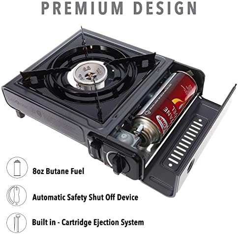 GasOne Portable Butane Camping Stove with Case + 4 Fuel Canister Catridge: Automatic Ignition, Precise Heat Control - Camping & Tailgating and Outdoor Cooking - Image 5