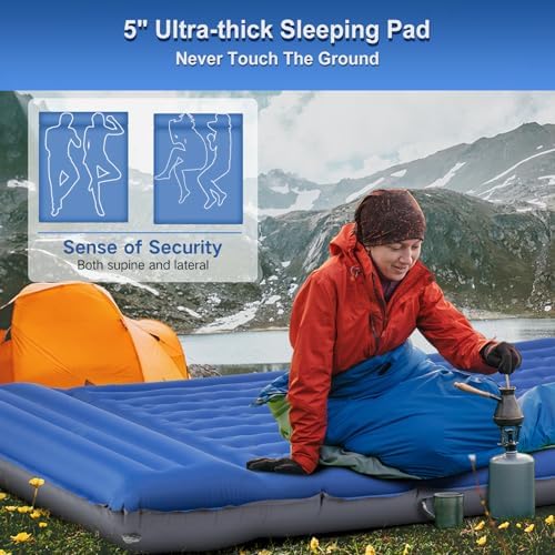 FNARMW Double Sleeping Pad Camping, Self Inflating 6'' Extra-Thick 2 Person Pillow Built-in Foot Pump Waterproof Inflatable Sleeping Mat Backpacking, Tent, Hiking, Portable Camping Pad (Navy Grey) - Image 2