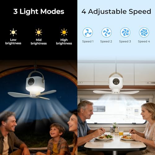 Camping Fan with Light & Remote, 7200 mAh Rechargeable Tent Fan with 4 Speeds,3 Light Modes, Detachable Blades and Hook Ceiling Fan for Tents, Beach, RV, Car, Camper & Outdoor - Image 3