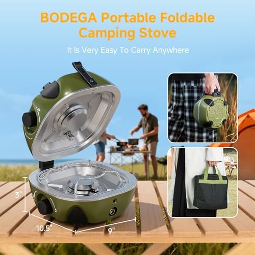 BODEGA 2 Burner Camping Stove,20000 BTU Foldable Propane Camp Stove with Pressure Adjustable Burners,Wind-Resistant Dual Gas Stoves with Portable Handle&Bag&GrillPan for Camping,BBQ,RV,Tailgating - Image 2