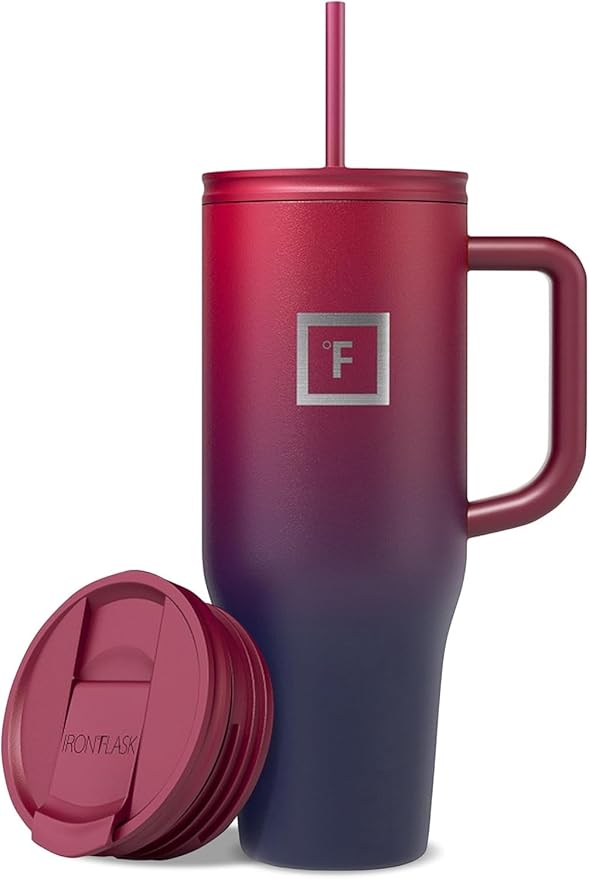 IRON °FLASK Co-Pilot Insulated Mug w/Straw & Flip Cap Lids - Cup Holder Bottle for Hot, Cold Drink - Leak-Proof - Water, Coffee Portable Travel Mug - Dark Rainbow, 40 Oz by IronFlask