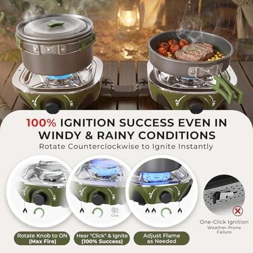 20000 BTU Propane Camping Stove with Cookware Set & Carry Bag Olive - Image 2