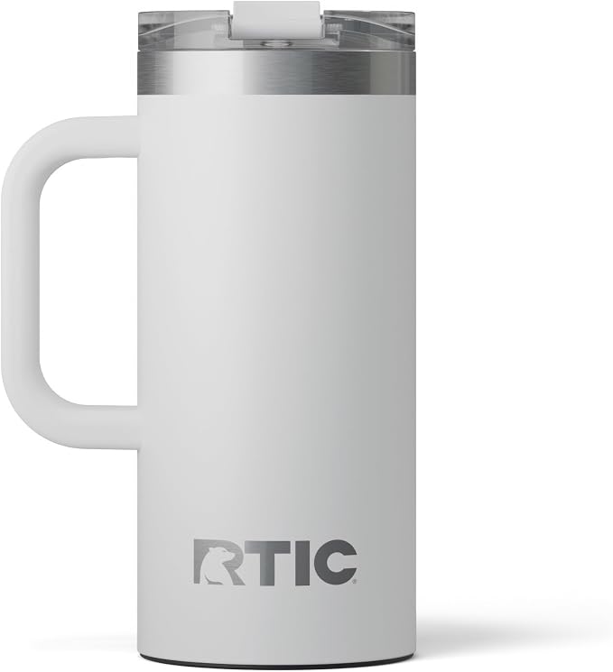 RTIC 16oz Road Trip Travel Mug with Lid and Handle, Ceramic Lined, Insulated, Stainless Steel, Metal, Double Wall Vacuum-Insulation, Portable Coffee, Tea Cup for Hot and Cold Drink, Cool Grey by RTIC