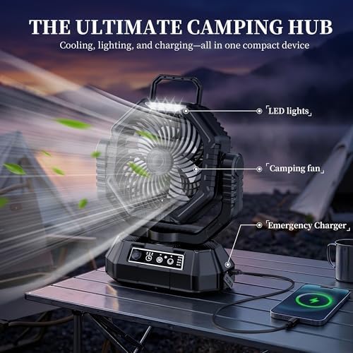 AJVV Camping Fan with Light, Remote and Oscillation, Battery Powered Hanging Tent Fan, Rechargeable Portable for Camp, Outdoor, Emergencies, Fishing, RV Travel, Jobsite - Image 2