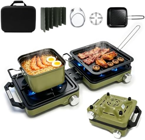 2 Burner Portable Propane Camping Stove Kit, 24000 BTU Foldable Hiking Stove with Frying Pan, Pot, Windshield & Carry Bag, Outdoor Cookware Camp Cooking Set for Tailgating, BBQ, Picnic, Green by COGRICHBF