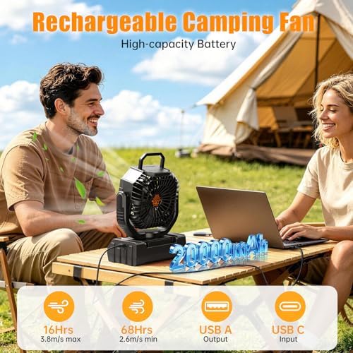 Camping Fan Rechargeable - 20000mAh Cordless Battery Powered Portable Fan with LED Lantern, Remote Auto Oscillating Wireless Fan USB Rechargeable Tent Fan for Travel Outdoor Cooling Car Home (Black) - Image 2