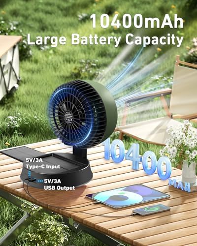 10400mAh Solar Camping Fan with LED Lantern, Rechargeable Portable Fan with 5W Solar Panel, Battery Operated Personal Fan for Outside Picnic, Fishing, Outdoor Tent Fan for Camping Essentials - Image 3