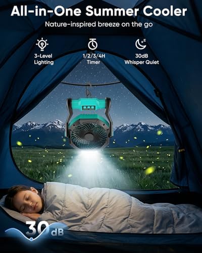 Portable Rechargeable Fan, 20000mAh Battery Powered Camping Fan with LED Light & Hook, 270° Adjustable, 4-Speed, 4H Timer Camping Essentials for Outdoor Tent Travel BBQ Car_Blue - Image 3