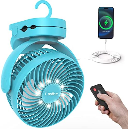 Camping Fan with Remote Control - 12000mAh Rechargeable Battery Powered Fan, Camping Fans for Tents with LED light & Hanging Hook, Rechargeable Battery Operated Ceiling Fans for Tent RV Bed, Blue by Coolice