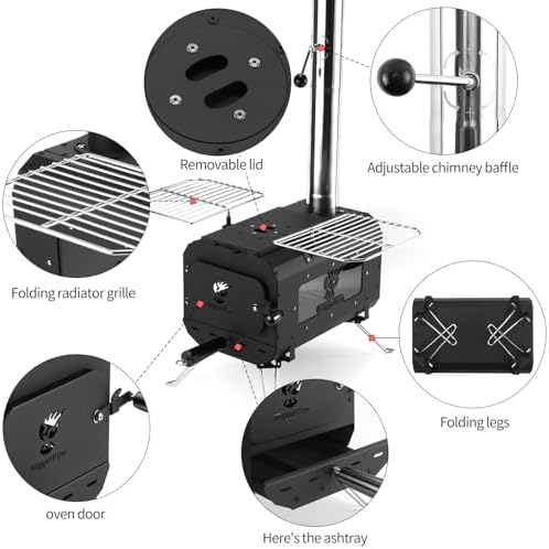 Tent Stove Portable Camping Stove Black Wood Burning Stove Tent Heater for Tents Shelter Heating Outdoor Camping, With Chimney Pipes and Carrying Bag - Image 3