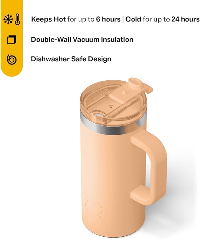 RTIC 16oz Road Trip Travel Mug with Lid and Handle, Ceramic Lined, Insulated, Stainless Steel, Metal, Double Wall Vacuum-Insulation, Portable Coffee, Tea Cup for Hot and Cold Drink, Peach Tea - Image 3