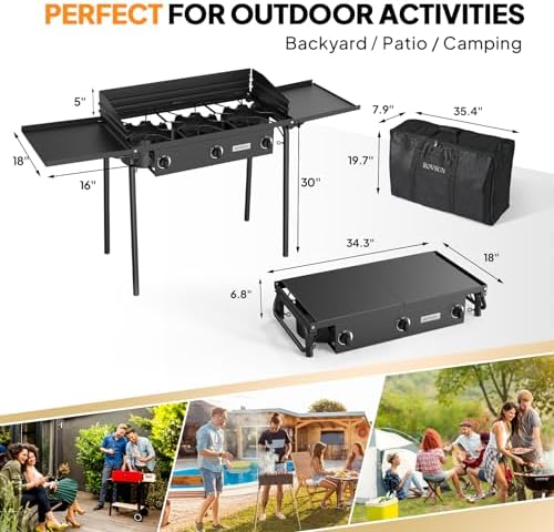 ROVSUN 3 Burner Propane Gas Stove with Side Shelf & Carrying Bag, 225,000BTU Outdoor Burner with Wind Panel & CSA Listed Regulator, Picnic Cooker for Home Patio Cooking Camping Brewing Turkey Frying - Image 6