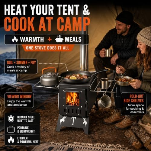 Camping Stove Wood Burning, Hot Tent Stove with Chimney & Viewing Window - Image 4