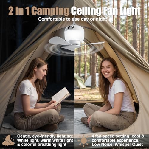 Camping Fan with Light & Remote, Portable Ceiling Fan Wireless Rechargeable Tent Fan with 4 Speeds,3 Light Modes,Timer, Battery Powered Fan for Tents, Canopy, Beach, RV, Car, Camper & Outdoor - Image 3