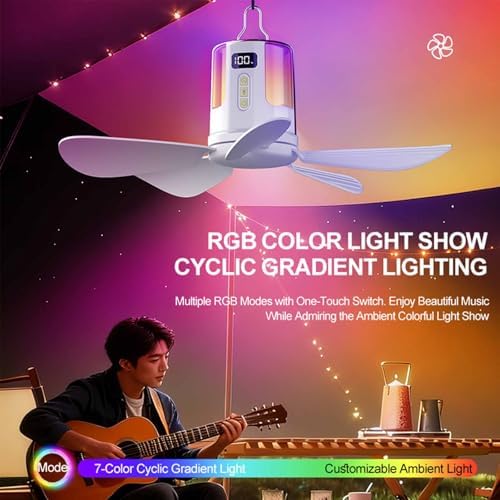 Portable Camping Fan with Light, 16″ Rechargeable Tent Ceiling Fan, 10800mAh Battery, 3 Color Temperature & RGB Adjustable Lighting, Detachable Blades for Camping, RV, Patio (White) - Image 3