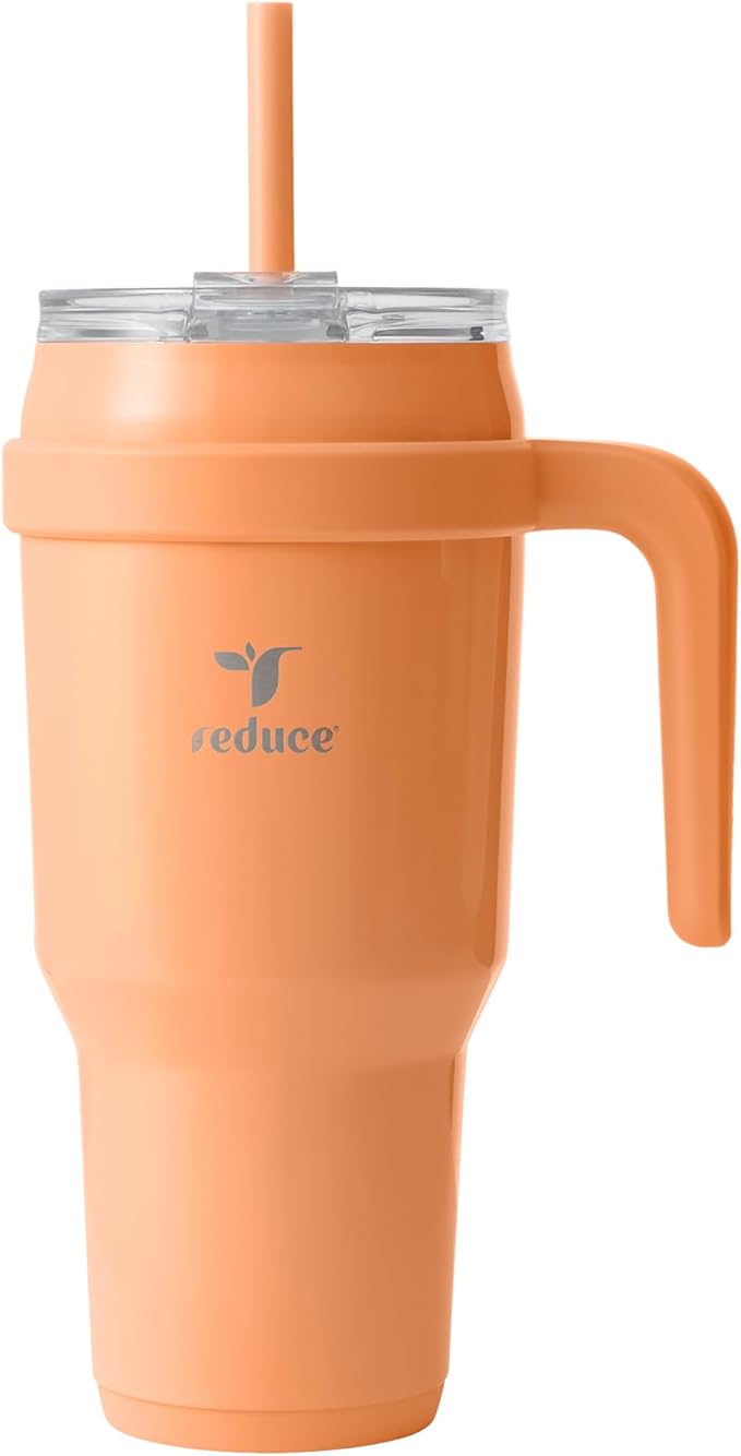 REDUCE 40 oz Stainless Steel Tumbler with Handle - Dual-Wall Vacuum Insulated Travel Mug, Sweat-Proof Lid & Reusable Straw - Keeps Drinks Cold for 24 Hrs, Fits Cupholders, Dishwasher Safe - Papaya by Reduce