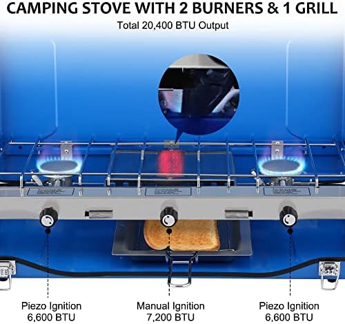 Camplux Camping Stove 20,400 BTU, 1 Grill & 2 Burners Propane Stove for Outdoor Cooking - Image 2