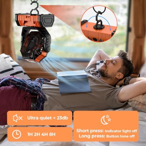 Camping Fan - 20000mAh Battery Powered Fan Rechargeable with LED Lantern - Portable Outdoor Tent Fans with Hanging Hook 4 Speeds Wind Remote Control, Black and Orange - Image 3