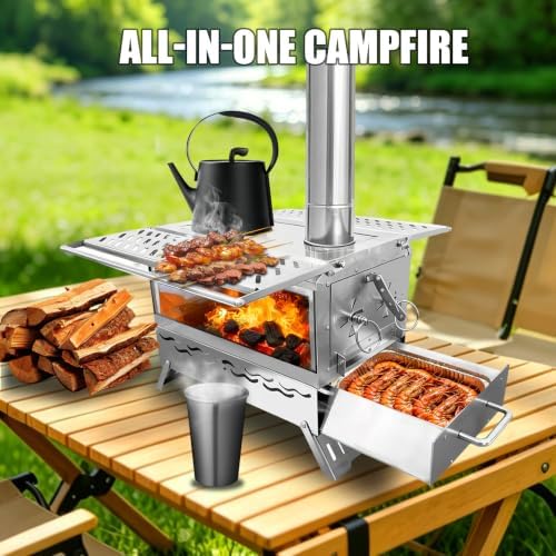 Camping Wood Burning Stove, Hot Tent Stove with Extra Baking Tray, Outdoor Stainless Steel Stove with 6 Chimney Pipes for Outdoor Camping, Cooking - Image 5