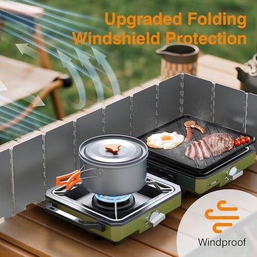 ODSD 2 Burner Camping Stove with Windshield, 20000 BTU Propane Camp Stove, Portable Folding Gas Stove, Camping Essentials Gear Includes Frying Pan, Coffee Stand & Carry Bag, Green - Image 2