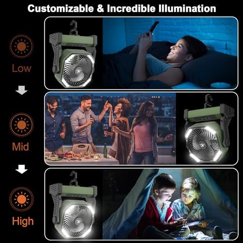 KITWLEMEN Battery Powered Camping Fan - 58H Max Cooling, Rechargeable Battery Operated Desk Fan with 4 Speeds, Bright Light & Hanging Hook, Portable for Tent Outdoor Hurricane Power Outage - Image 4