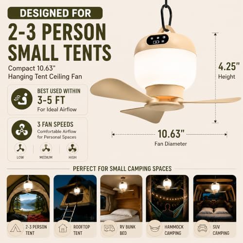 Portable Hanging Tent Fan with Light & Remote, Rechargeable Camping Fan - Image 2