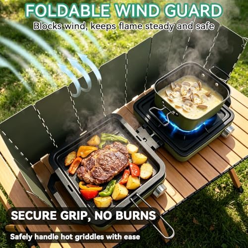 2 Burner Portable Propane Camping Stove Kit, 24000 BTU Foldable Hiking Stove with Frying Pan, Pot, Windshield & Carry Bag, Outdoor Cookware Camp Cooking Set for Tailgating, BBQ, Picnic, Green - Image 3