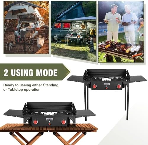 Bestfire 150,000 BTU 2 Burner Propane Camping Stove with Auto Ignition, Windpanel, Portable Outdoor Gas Cooker with Removable Legs, Side Shelves for Camping, BBQ - Image 2