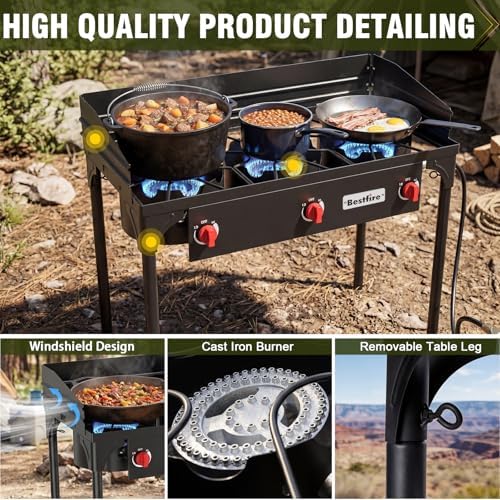 BESTFIRE 3 Burner Camping Stove, 225,000 BTU Propane Stove with Detachable Windscreen, Removable Legs & 20 PSIG Regulator&Octagonal Auxiliary Shelf&Ignition wire for Outdoor Cooking, Canning, BBQ - Image 4
