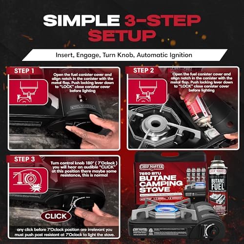 Chef Master Portable Butane Stove Combo for Camping - Stove + 4x 8oz Butane - 10,000 BTU Countertop Gas Burner w/Piezo Ignition - Good for Indoor & Outdoor Cooking w/Wind Guard & Carry Case - 90011 - Image 6
