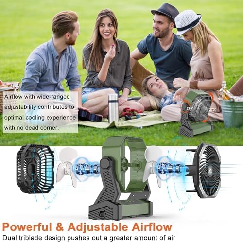 KITWLEMEN Battery Powered Camping Fan - 58H Max Cooling, Rechargeable Battery Operated Desk Fan with 4 Speeds, Bright Light & Hanging Hook, Portable for Tent Outdoor Hurricane Power Outage - Image 3
